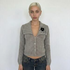 Italian Vintage Taupe Mohair Wool Cardigan Embellished Floral (S)